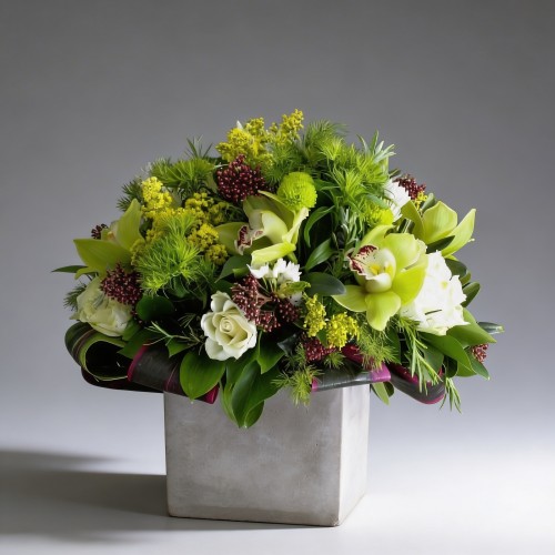 Σύνθεση με σιμπίντιουμ, τριαντάφυλλα και σκίμμια 